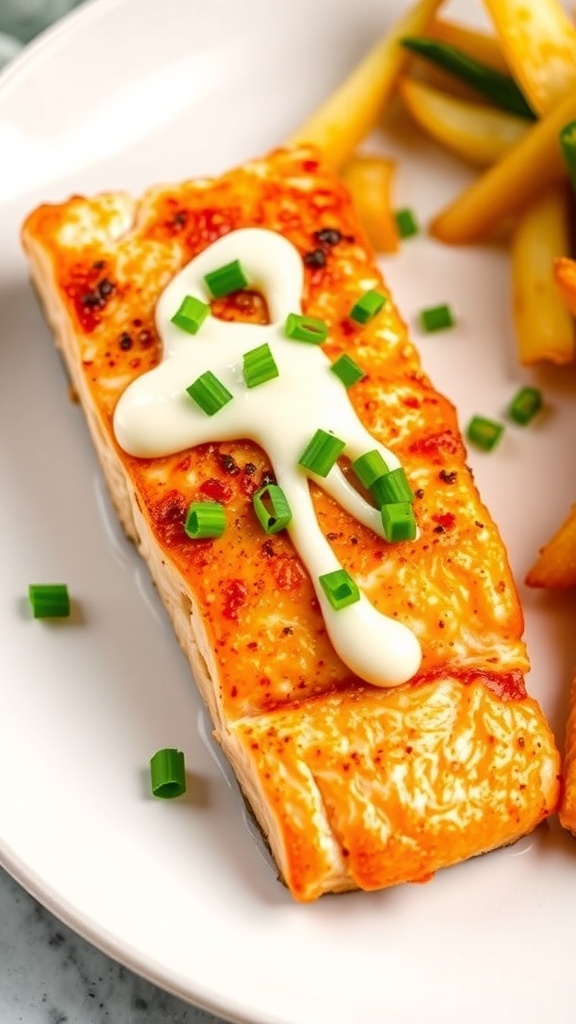 Air fryer salmon fillet topped with Kewpie mayo and green onions on a white plate with vegetables.